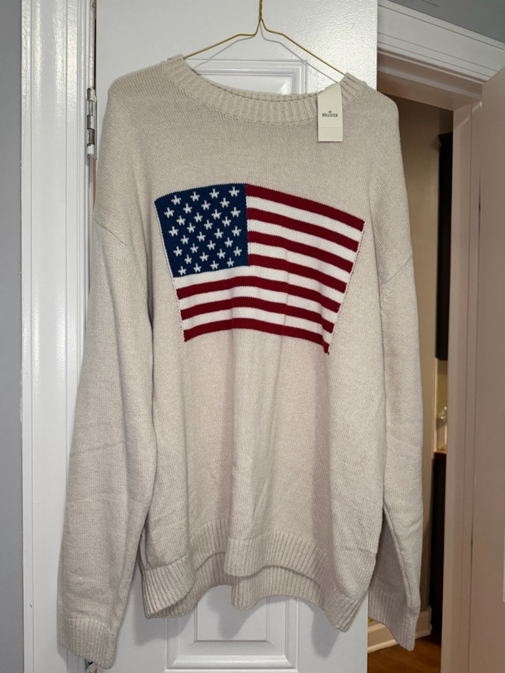 Hollister Cream Crewneck Sweater with Flag Graphic